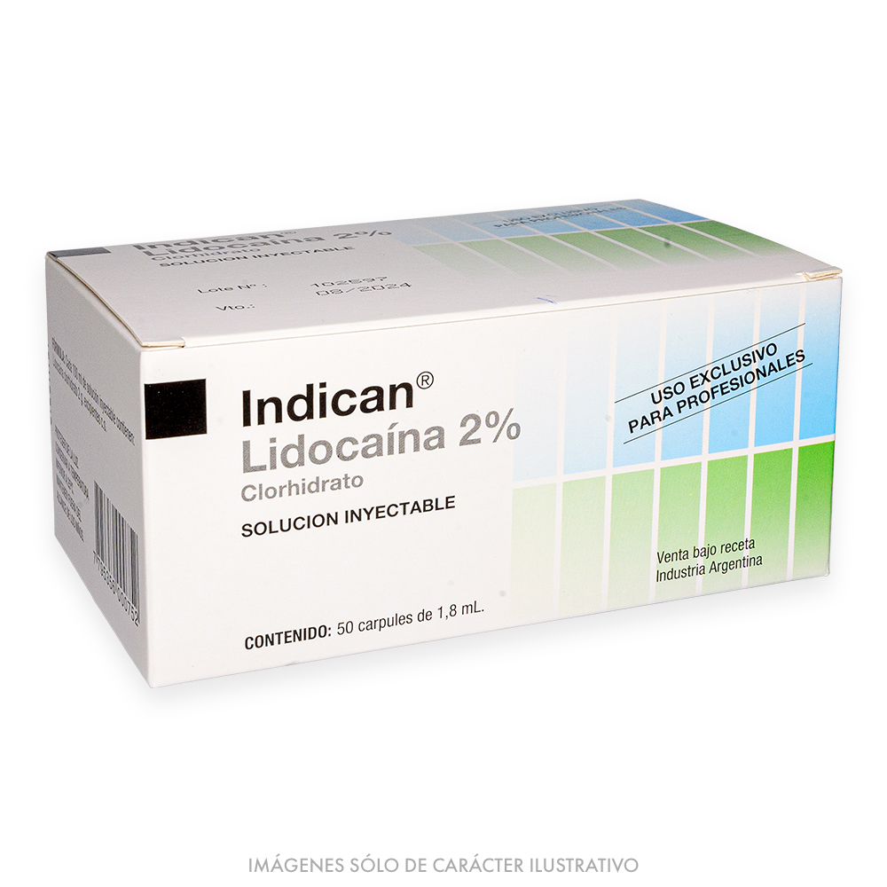 Anestesia Indican Lidocaína 2% SIN EPINEFRINA x 50 und.